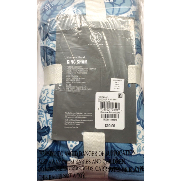 Martha Stewart Macys Nouveau Floral Blue Velvet Set of 2 King Pillow Shams - Picture 5 of 5